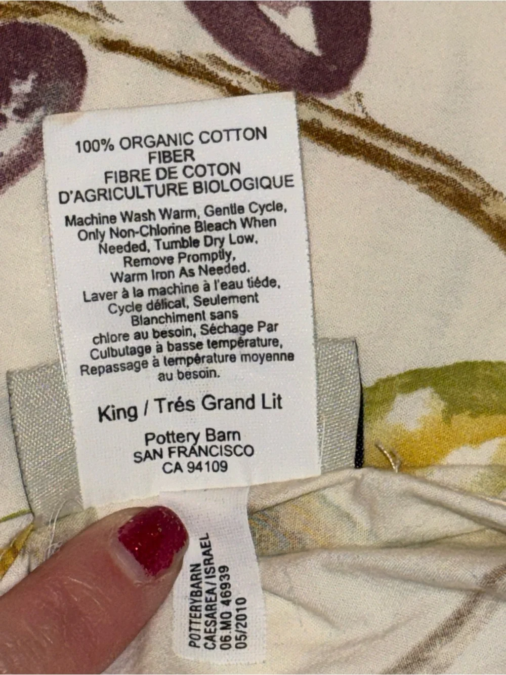 POTTERY BARN ORGANIC COTTON KING DUVET + 2  PILLOW SHAMS  OLIVE BRANCH PRINT